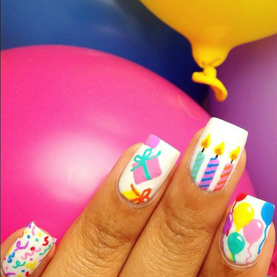 Candles, Balloons , Gifts And Confetti Design Birthday Nail Art