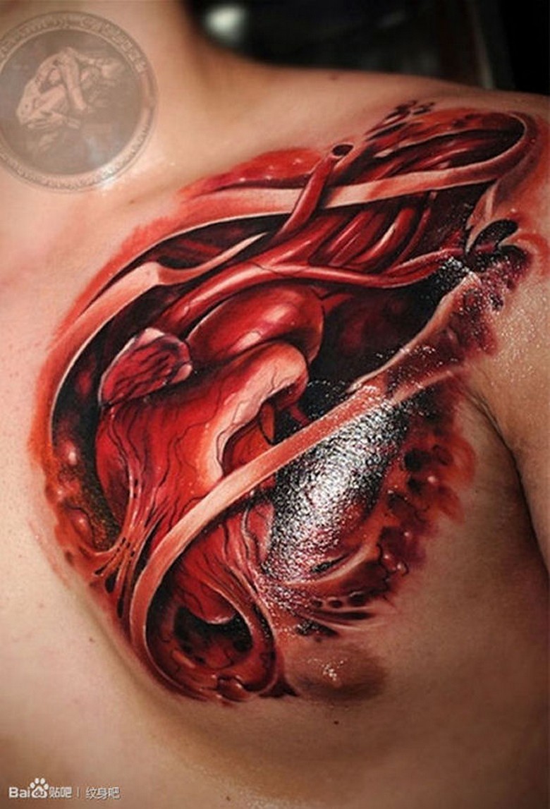 Classic 3D Red Ink Inner Muscles Tattoo On Chest