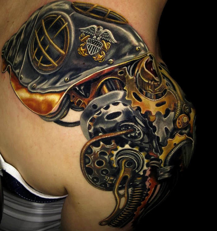 Classic Biomechanical Color Tattoo On Upper Shoulder