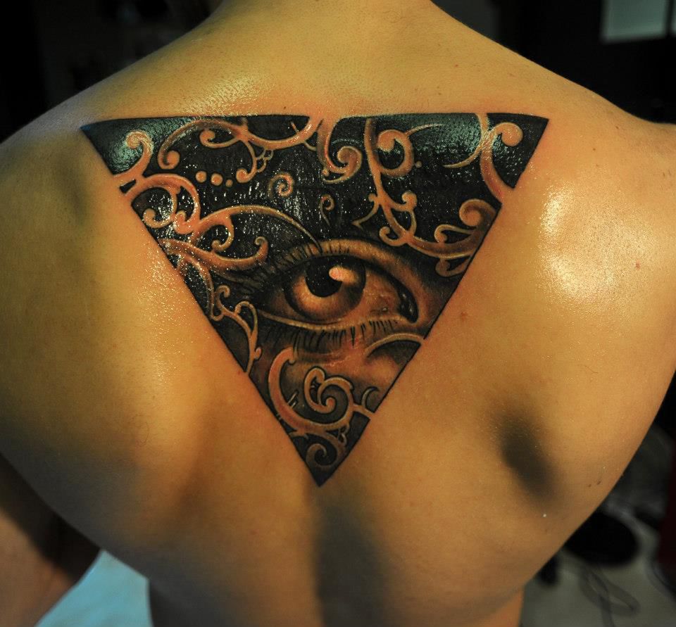 Classic Dark Ink Triangle Eye Tattoo On Upper Back