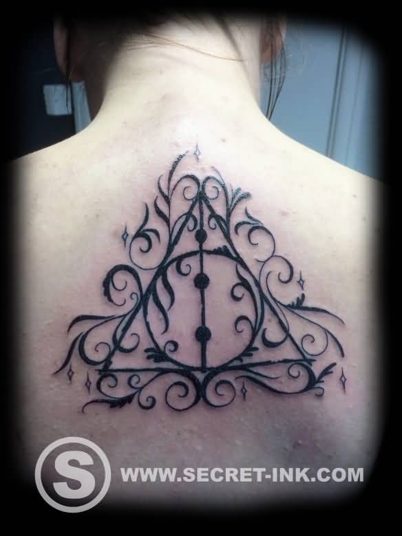 Classic Deathly Hallows Tattoo On Upper Back