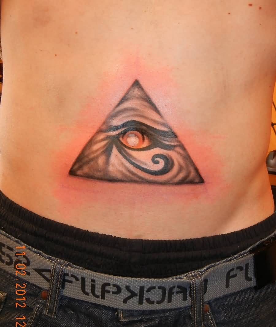 Classic Horus Eye In Pyramid Tattoo On Belly