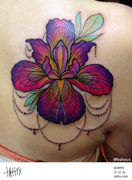 Classic Iris Tattoo On Left Back Shoulder