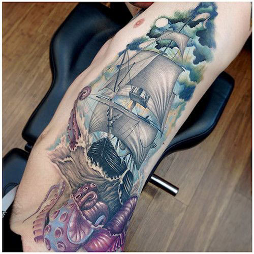 Classic Octopus And Seaship With Clouds Tattoo
