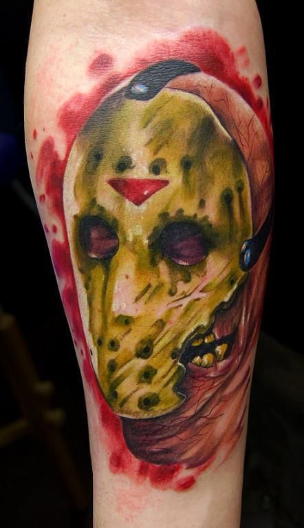 Color Ink Jason Head Tattoo On Forearm