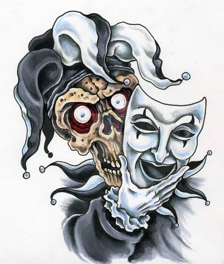Color Ink Jester Skeleton With Mask Tattoo Design