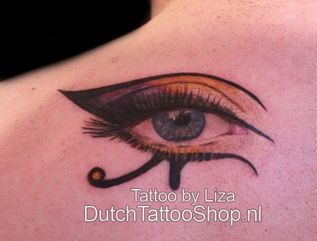 Color Ink Realistic Horus Eye Tattoo On Upper Back By Liza
