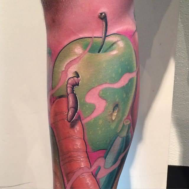 Color Ink Worm In Green Apple Tattoo