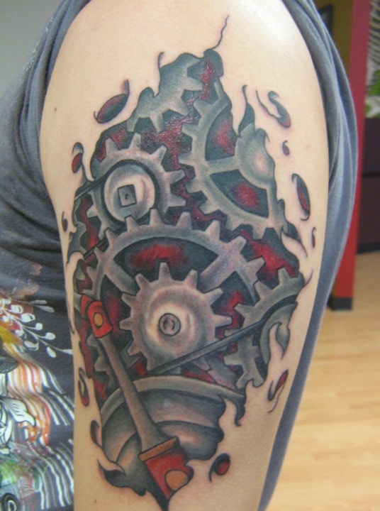 Colorful 3D Mechanical Gear Tattoo On Left Shoulder