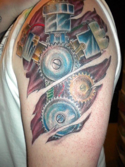 Colorful 3D Mechanical Gears Tattoo On Left Shoulder