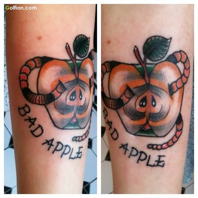 Colorful Bad Rotten Apple With Worm Tattoo