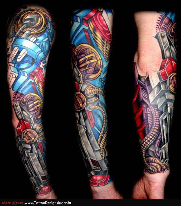 Colorful Biomechanical Tattoo On Full Sleeve