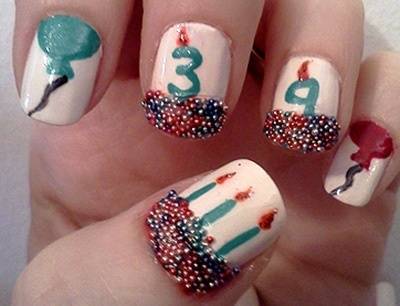 Colorful Caviar Beads Candles 39th Birthday Nail Art