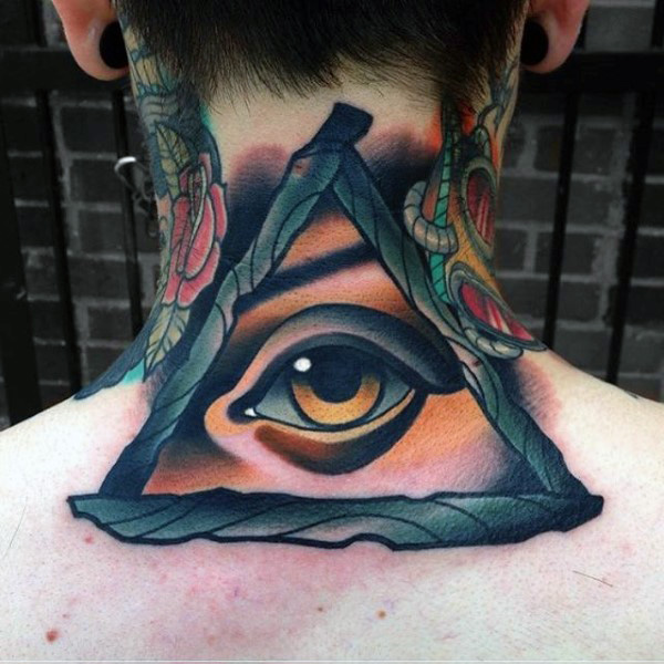 Colorful Clear Triangle Eye Traditional Tattoo On Back Neck