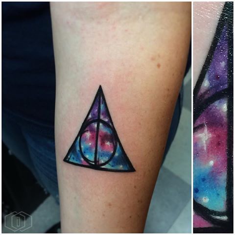 Colorful Deathly Hallows Tattoo On Forearm