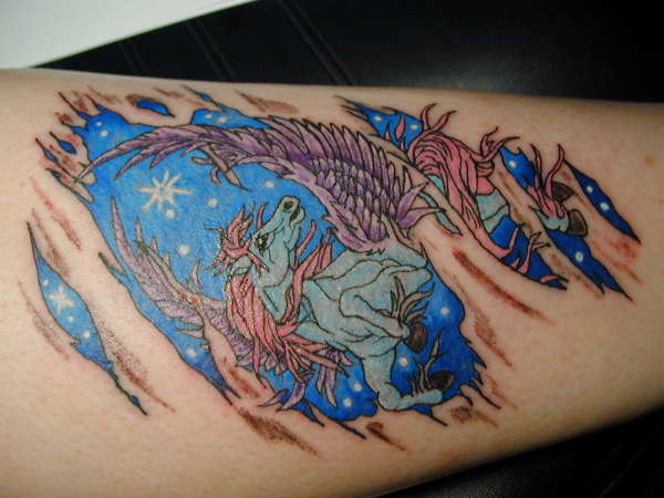 Colorful Flying Pegasus With Stars Tattoo