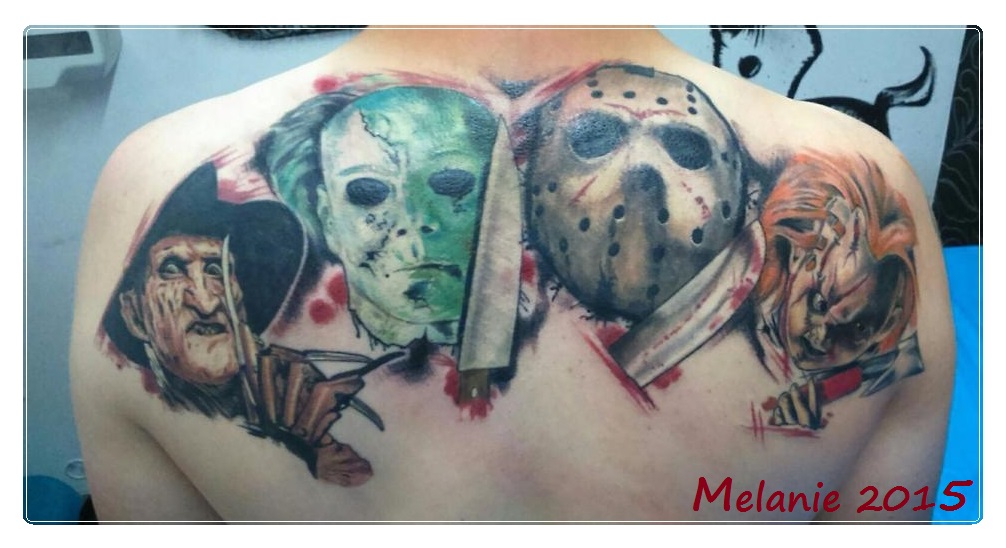 Colorful Jason Freddy With Michael Meyers Heads Tattoo On Upper Back