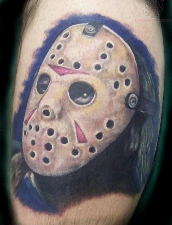 Colorful Jason Head Tattoo On Half Sleeve For Men