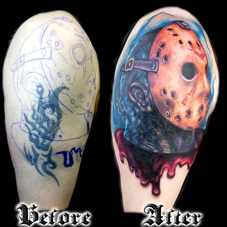 Colorful Jason Head With Blood Tattoo