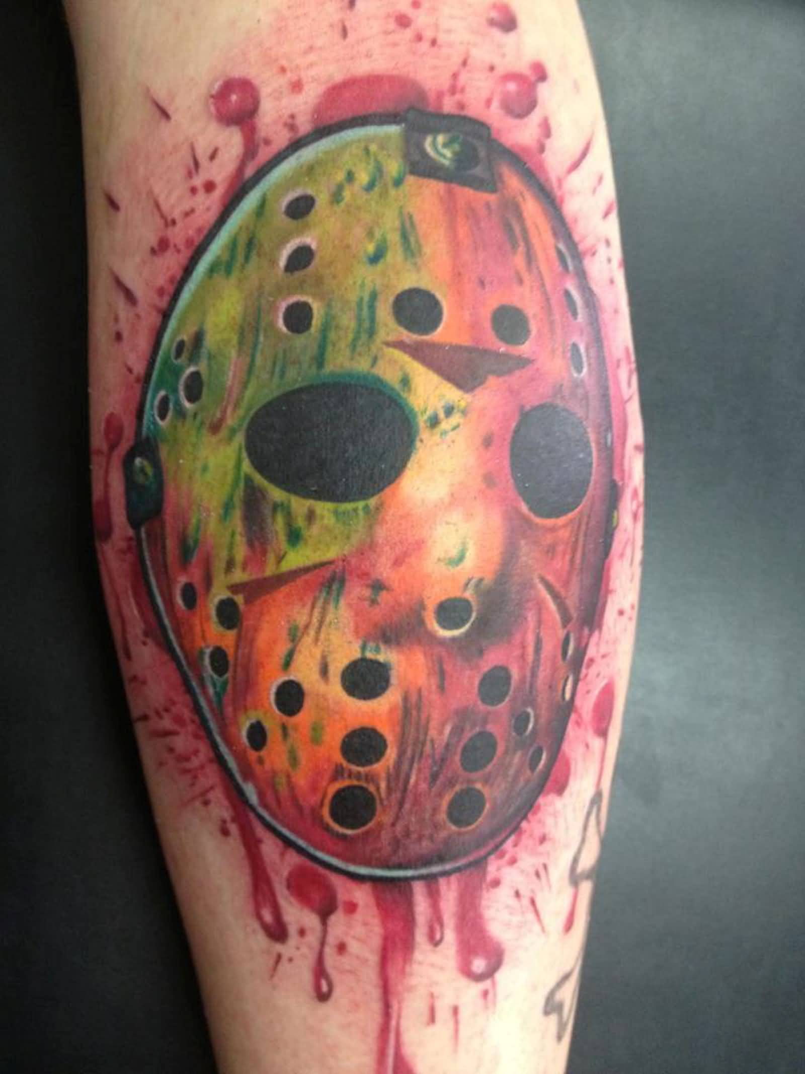 Colorful Jason Mask With Blood Tattoo