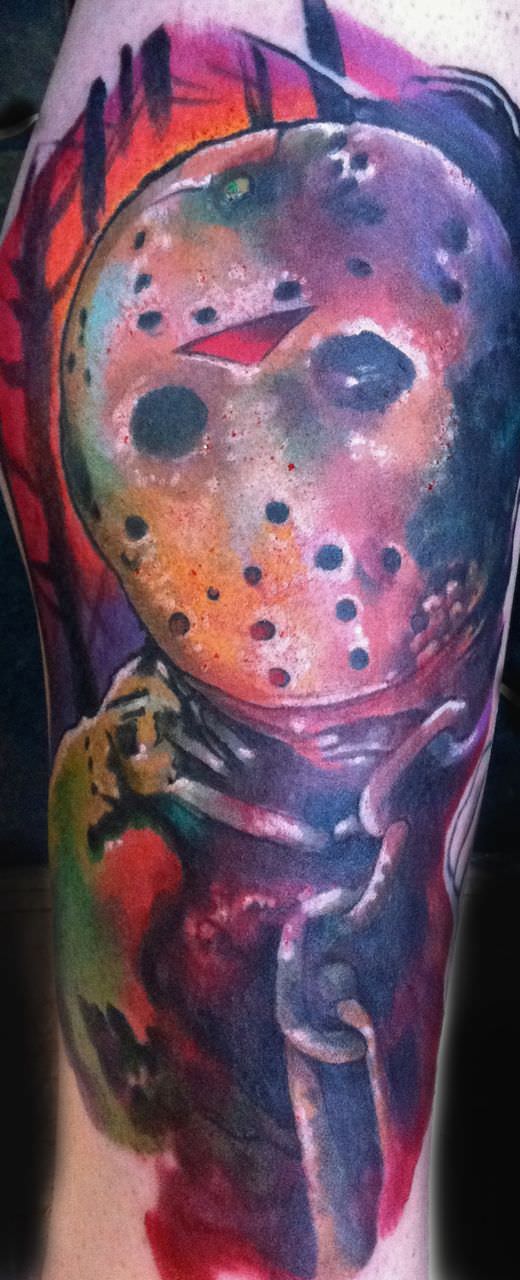 Colorful Jason With Chain And Trees Tattoo By Guil Zekri