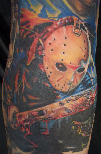Colorful Jason With Face On Sword And House Tattoo