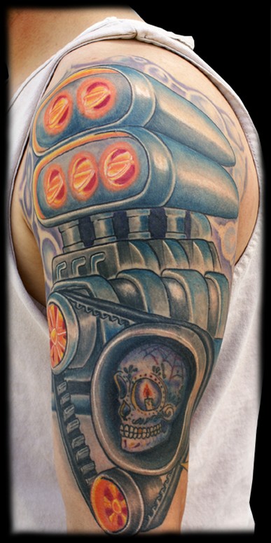 Colorful Mechanical Tattoo On Left Half Sleeve