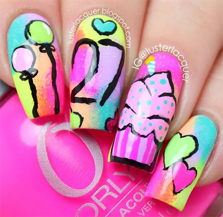 Colorful Ombre 27th Birthday Nail Art Design