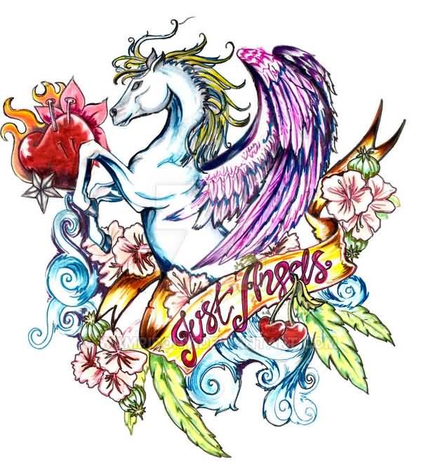 Colorful Pegasus With Lettering On Banner And Flowers Tattoo Design
