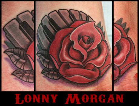 Colorful Red Rose With Piano Keys Tattoo