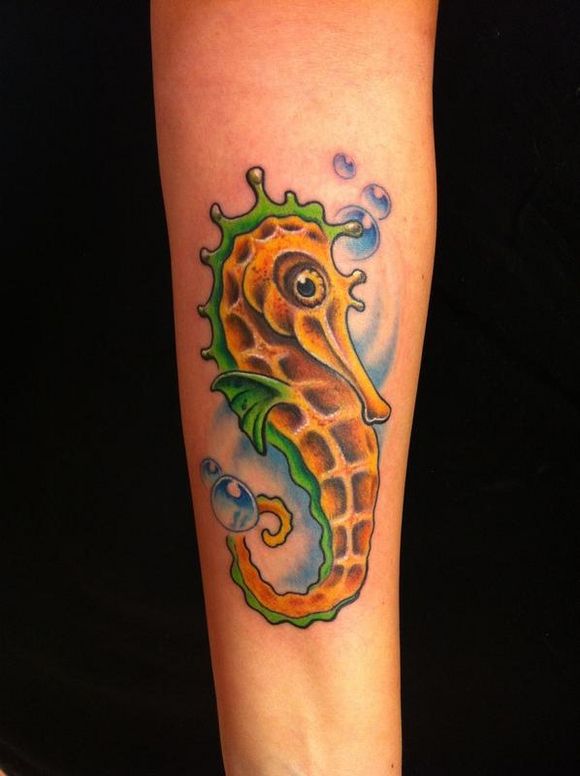 Colorful Sea Creature Seahorse Tattoo On Arm