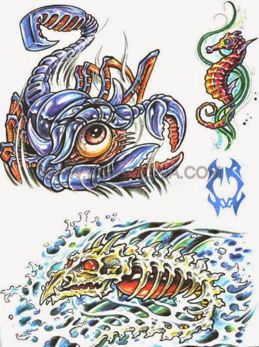 Colorful Sea Creatures Tattoo Stencil Set