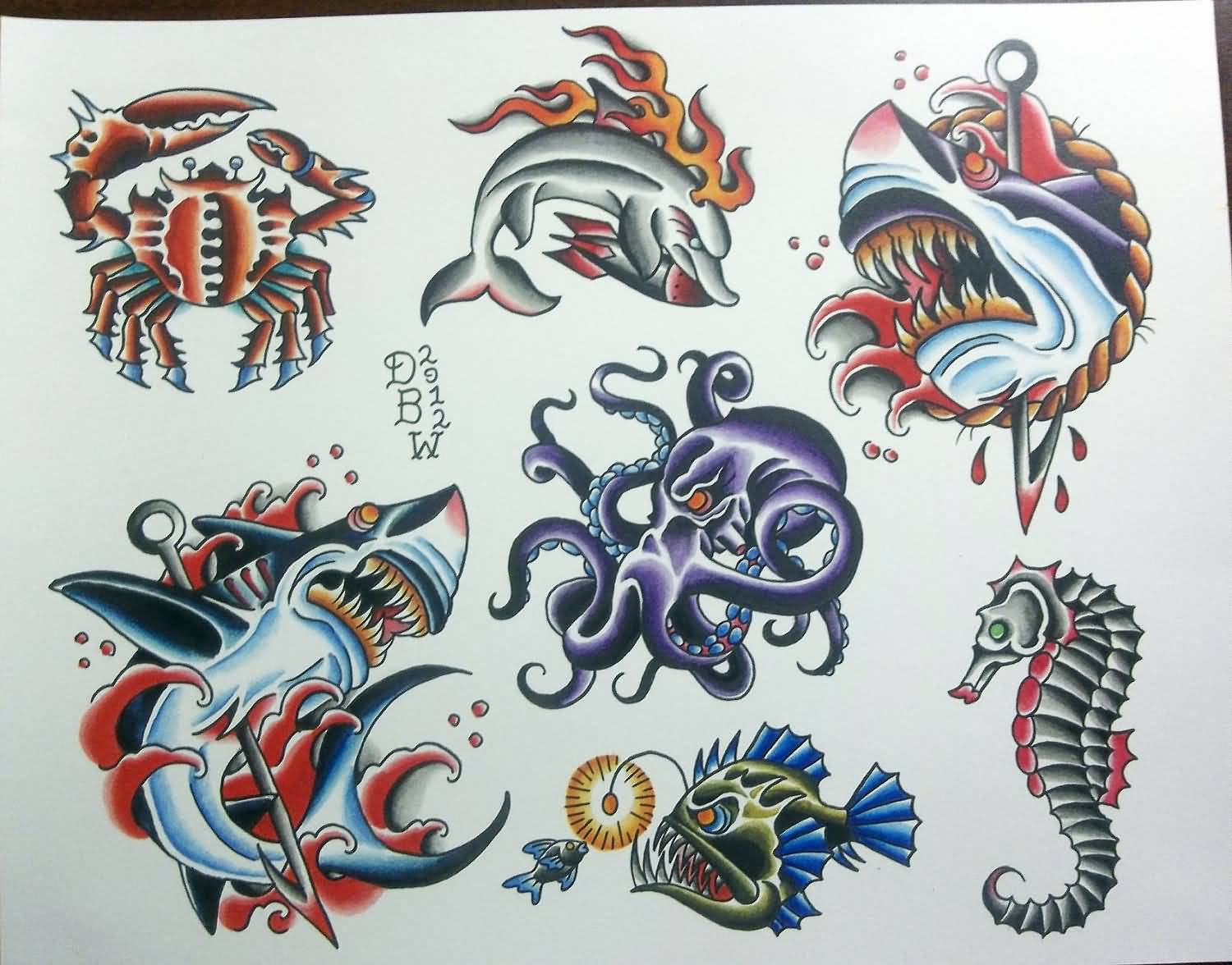 Colorful Traditional Sea Creatures Tattoo Design Set