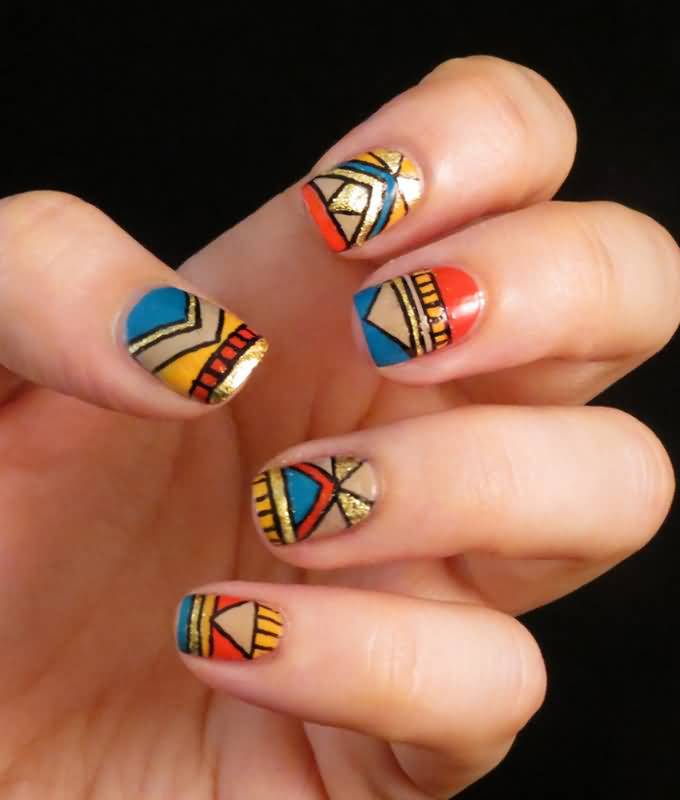 Colorful Tribal Nail Art With Gold Glitter Design Idea