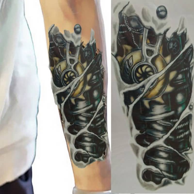 Cool Biomechanical Temporary Tattoo On Arm Sleeve