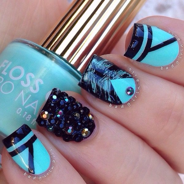 Cool Blue And Black Nail Art With Caviar Beads Design Idea