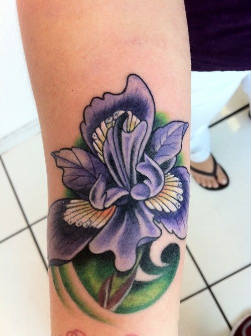 Cool Cartoon Colorful Iris Flower Tattoo On Forearm