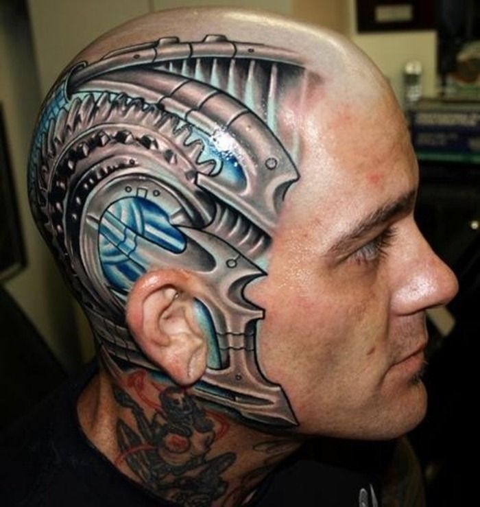 Cool Colored Biomechanical Tattoo On Head