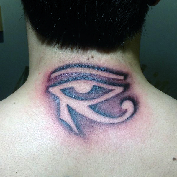 Cool Grey Ink Horus Eye Tattoo On Back Neck