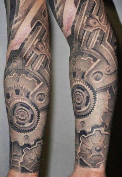 Cool Grey Mechanical Gears Tattoo