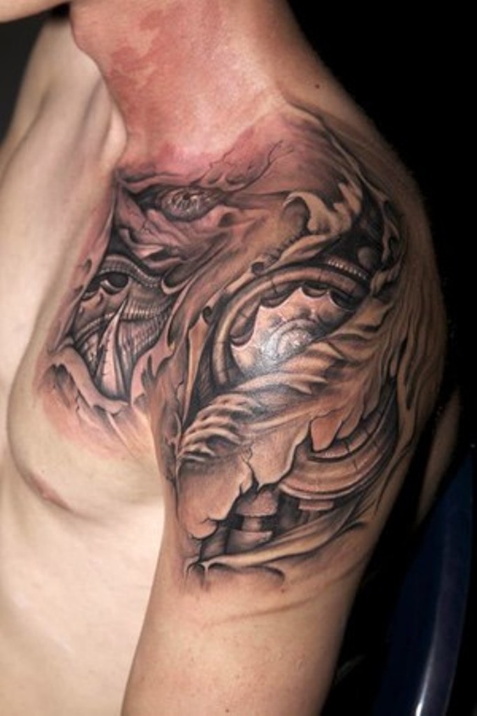 Cool Grey Mechanical Ripped Skin Tattoo On Left Shoulder
