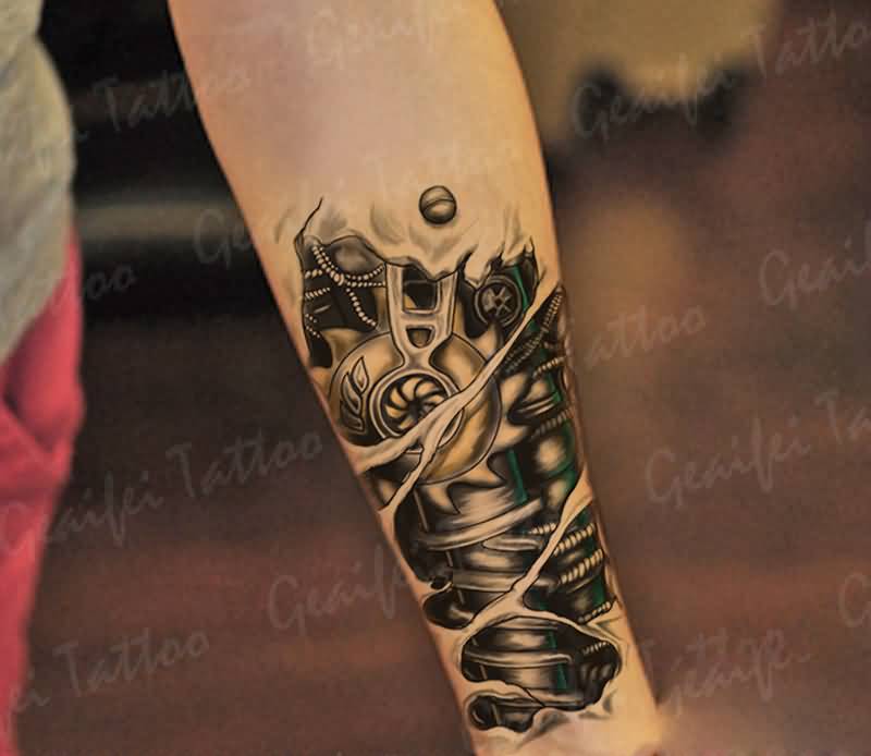 Cool Mechanical Temporary Tattoo On Forearm