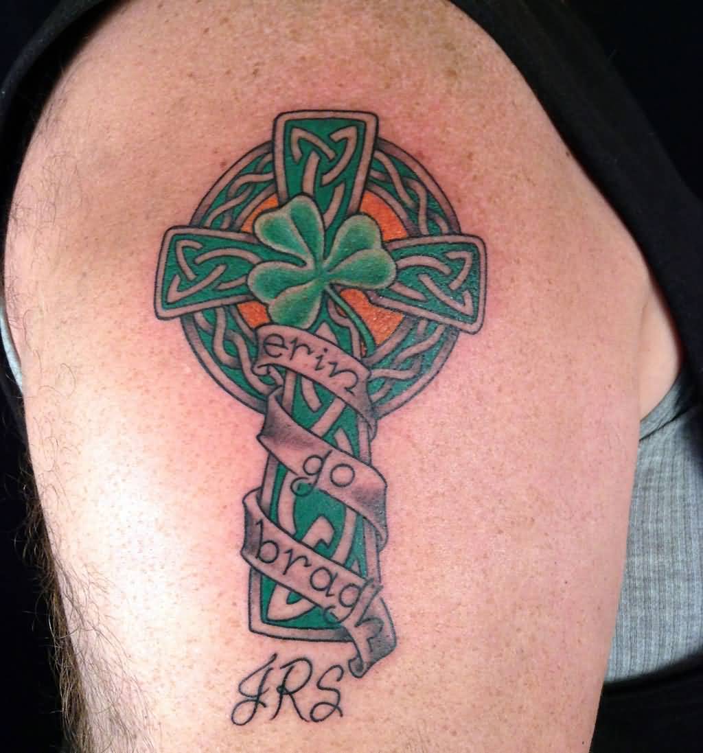 Cool Shamrock With Celtic Cross And Banner Tattoo On Right Shoulder