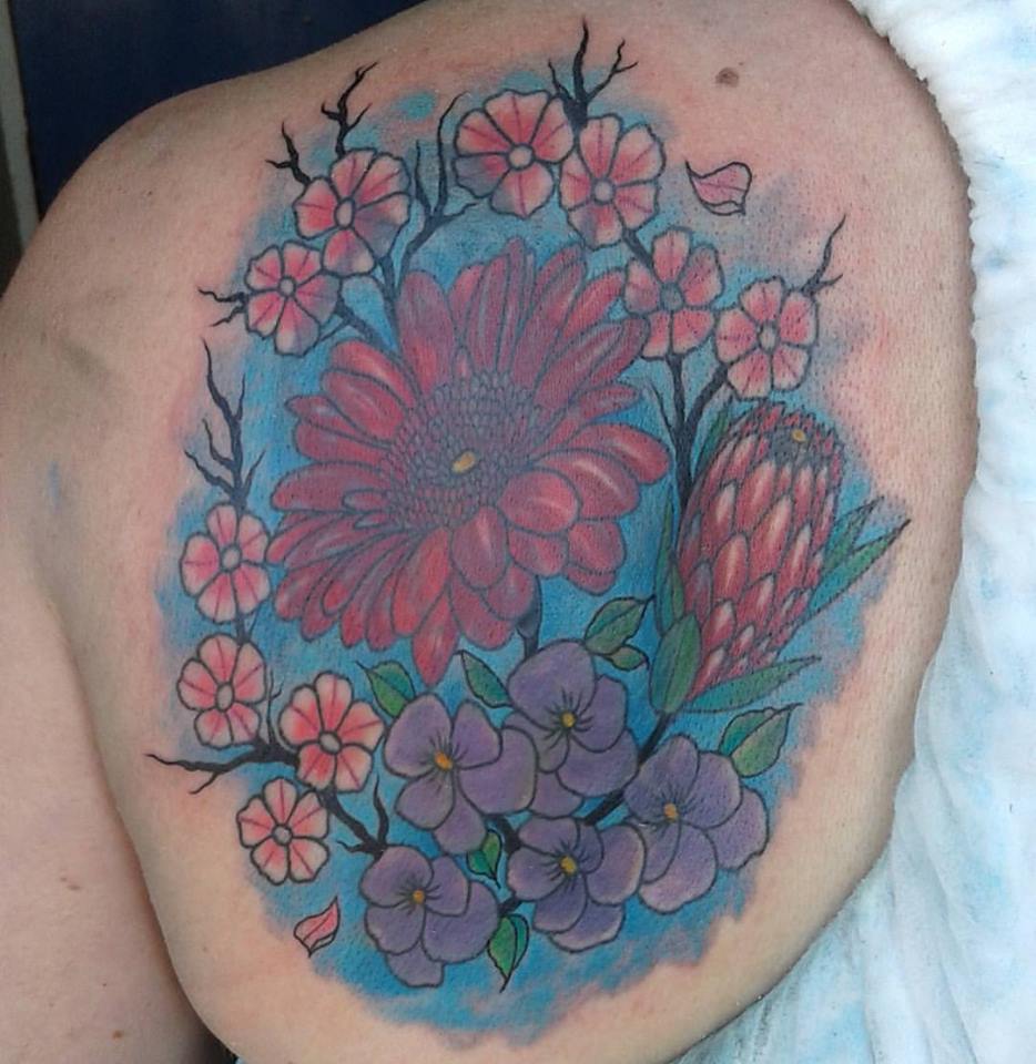 Cover Up Flowers Tattoo On Left Back Shoulder by Kyle Kemp