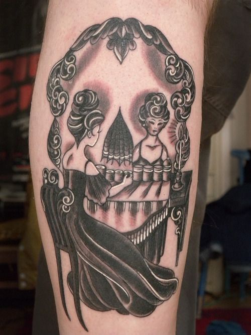 Creative Black Ink Skull Piano Tattoo