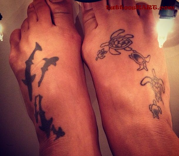 Creative Turtles And Sharks Silhouette Tattoos On Both Foots