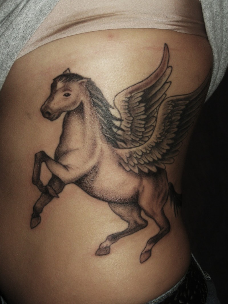 Cute Black And White Pegasus Tattoo On Side Rib