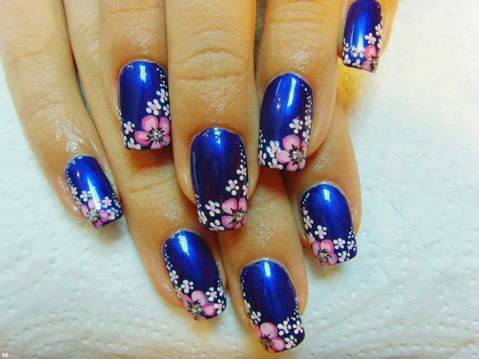 Cute Blue Nails With White And Pink Flowers Nail Art