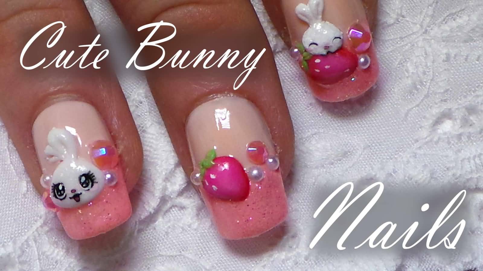Cute Bunny And Strawberry 3D Nail Art