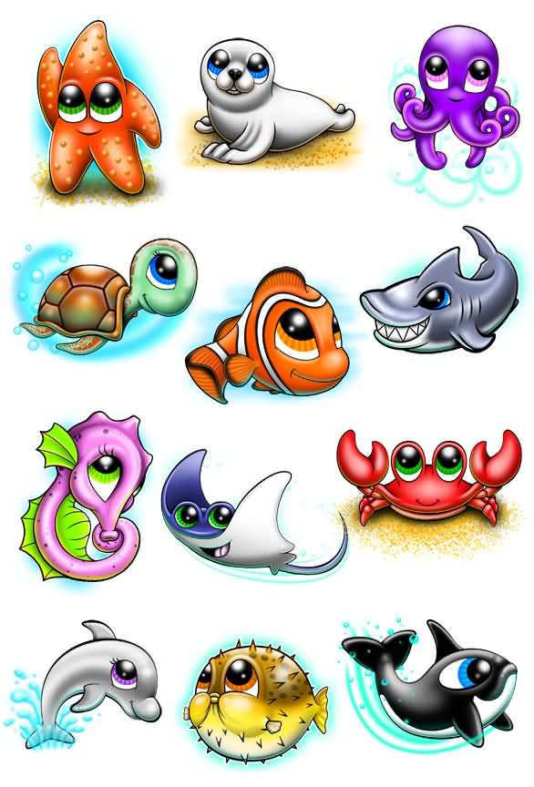 Cute Sea Creatures Temporary Tattoo Samples Set